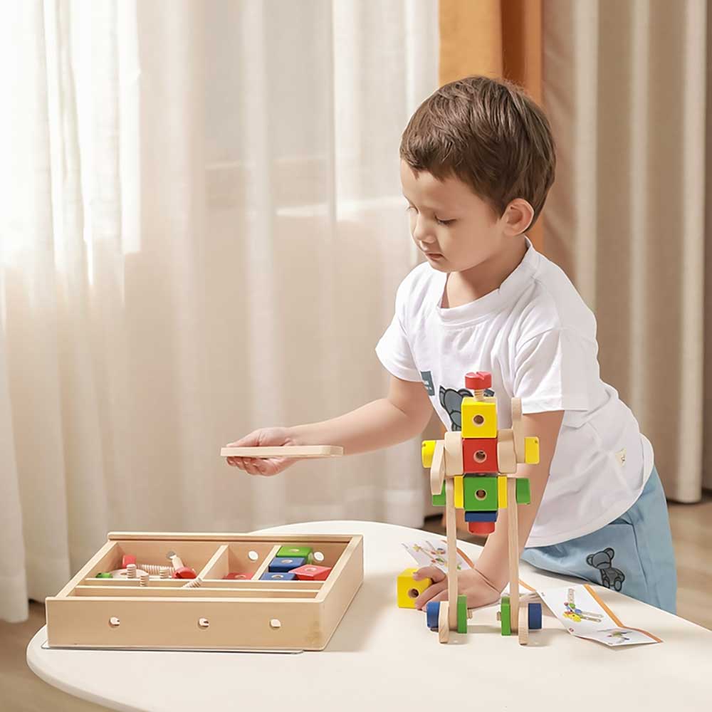 Viga 48-Piece Wooden STEM Construction Building Set with Tools & Storage Box